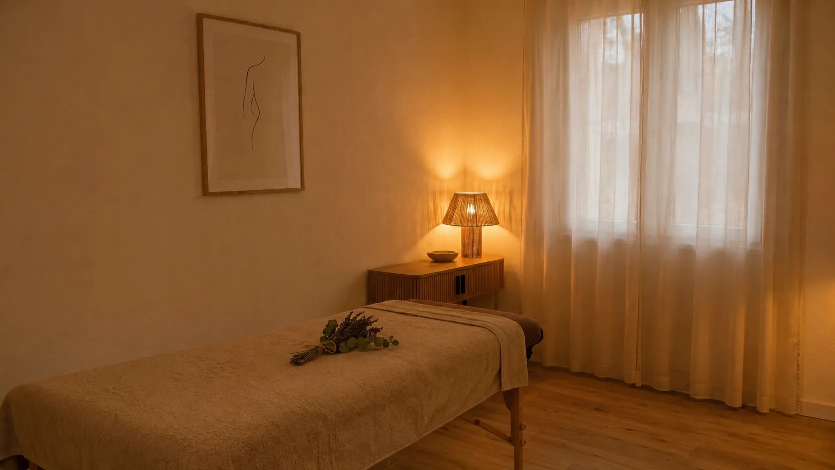 La salle de soin d'Évasion Massage : lumière tamisée, table de massage et ambiance feutrée.